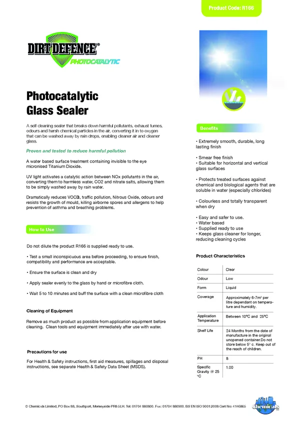 Dirt Defence Photocatalytic Glass Sealer Datasheet PDF 